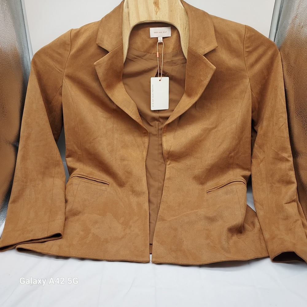 Skies Are Blue Faux Suede Open Front Blazer Camel Brown Jacket Small 26371ST